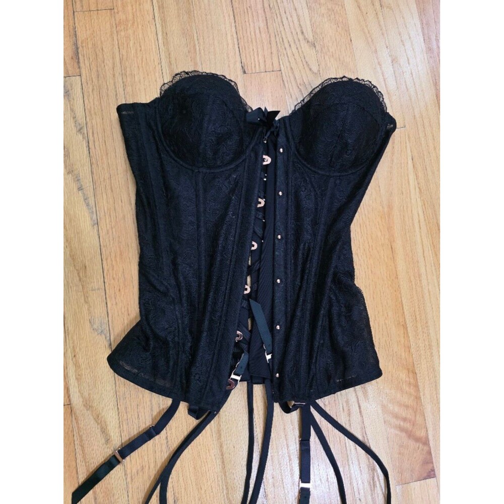 Rihanna's Savage X Fenty Caviar Black Lace Up Corset Padded Sz L NWT Embroidered